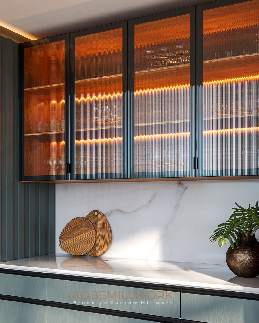 Modern glass cabinet doors fabricated in Brooklyn NYC for custom millwork projects