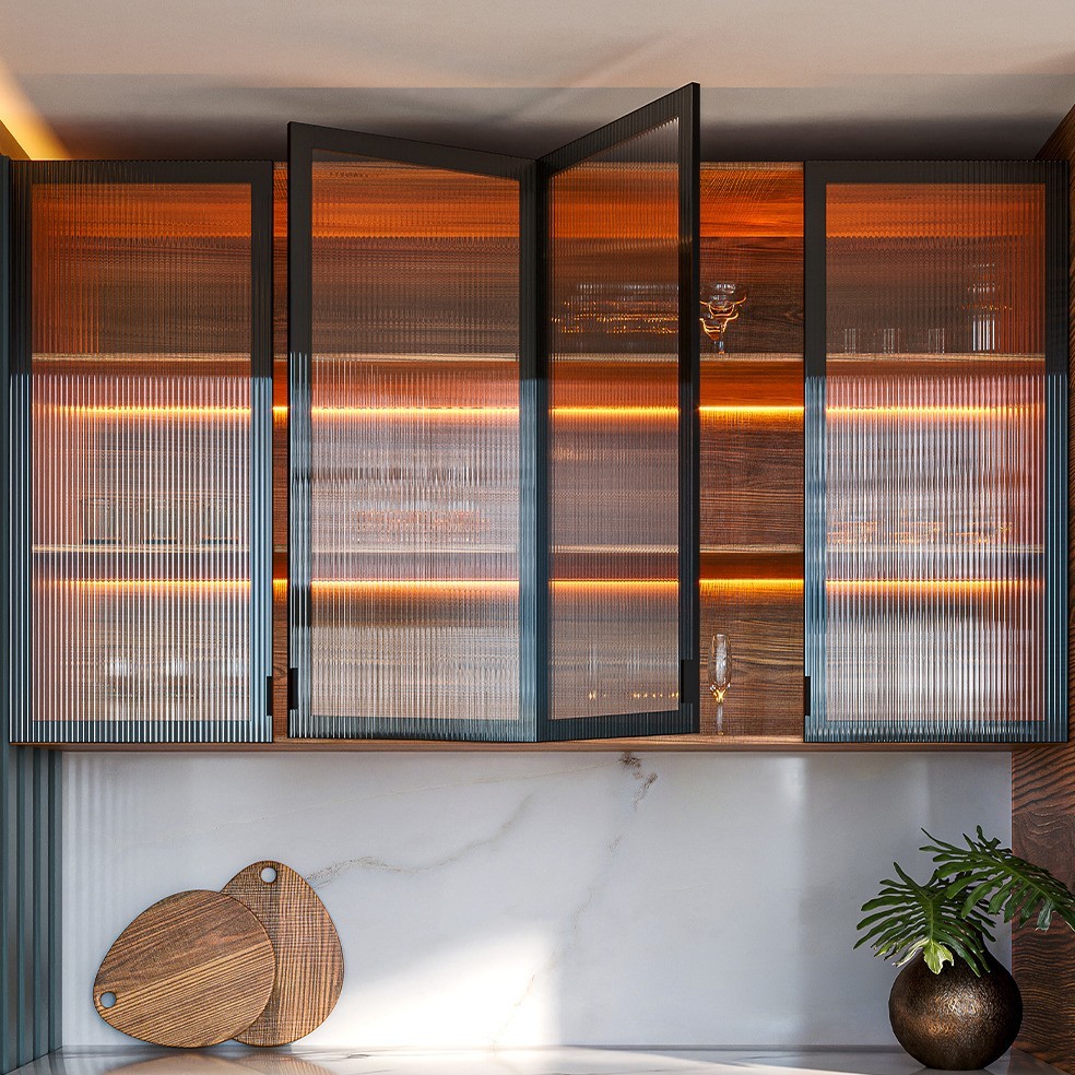 Custom aluminum and glass cabinet doors for kitchen and bathroom cabinetry in NYC