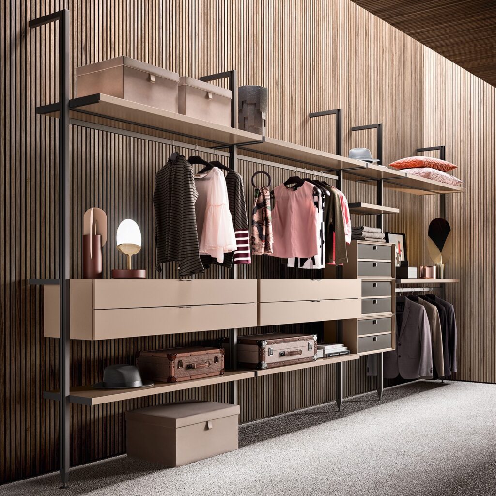 Custom walk-in closet system in Brooklyn NYC with glass, wood, and modern storage solutions
