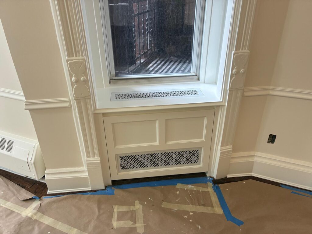 Painted wall paneling during installation