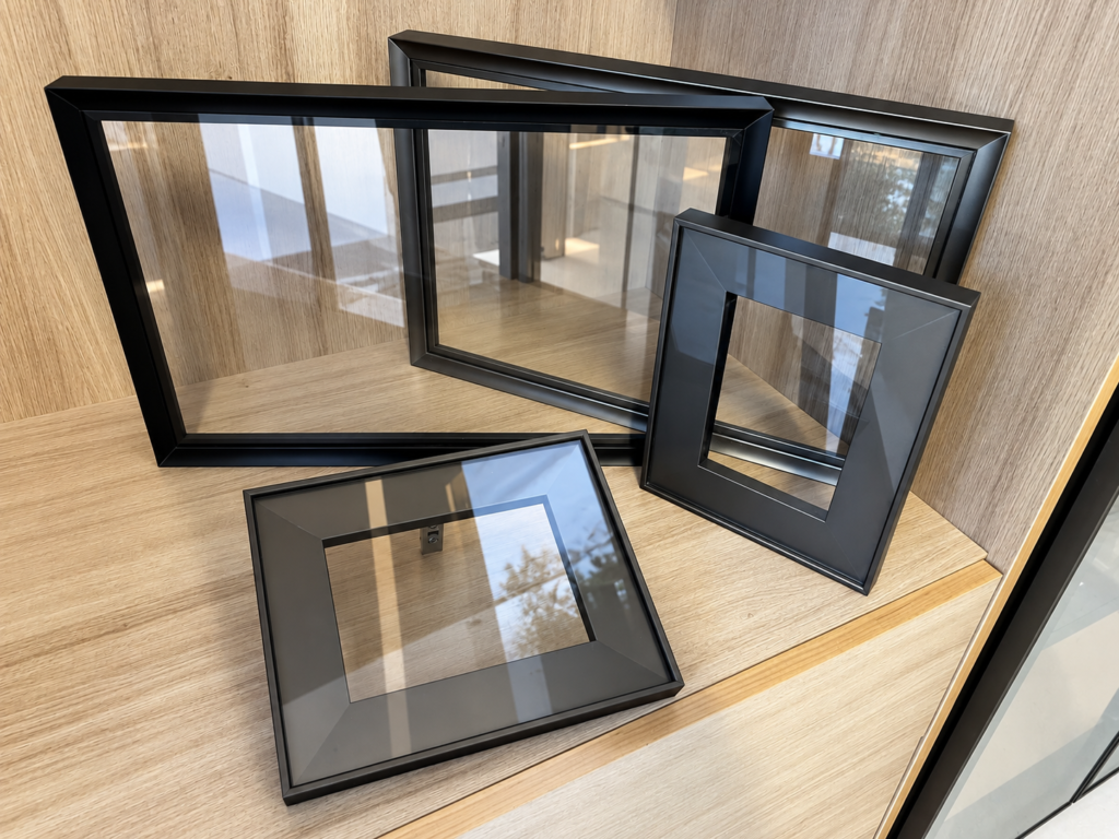 Aluminum-framed glass cabinet doors