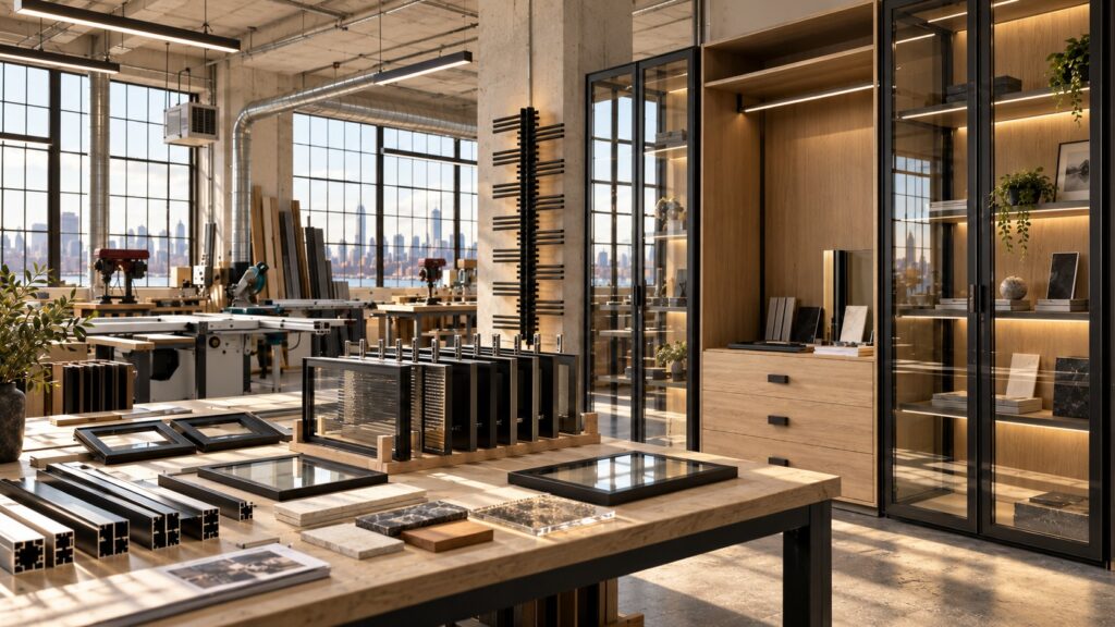 Aluminum-framed glass cabinets, aluminum profiles and glass, stone and wood samples on a workbench