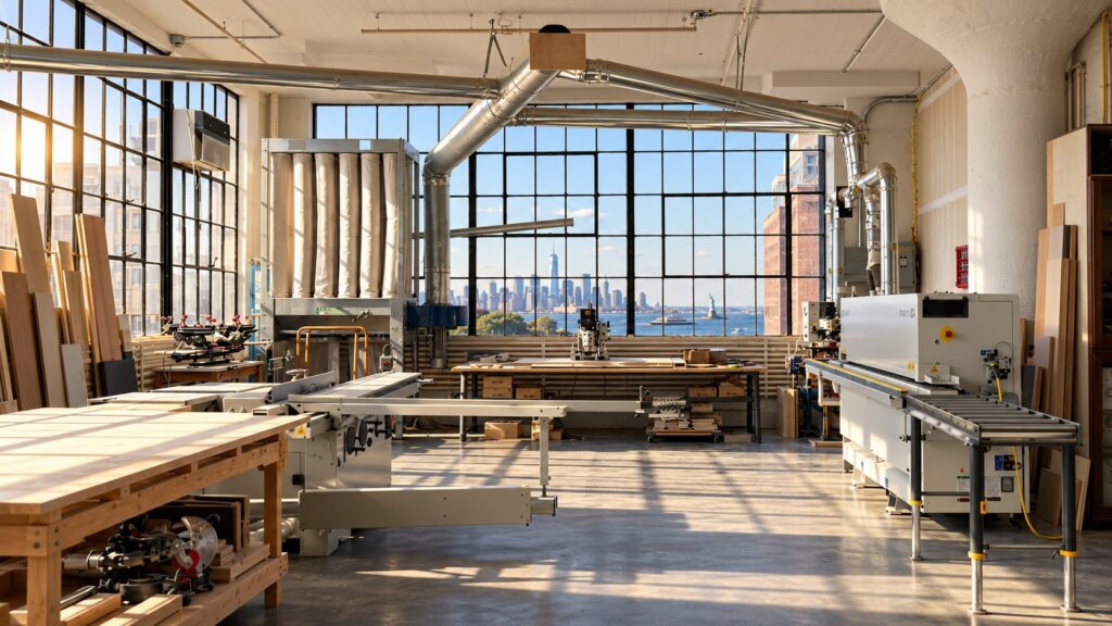 Woodworking shop with a panel saw, edge bander and dust collection, with the Manhattan skyline beyond the windows